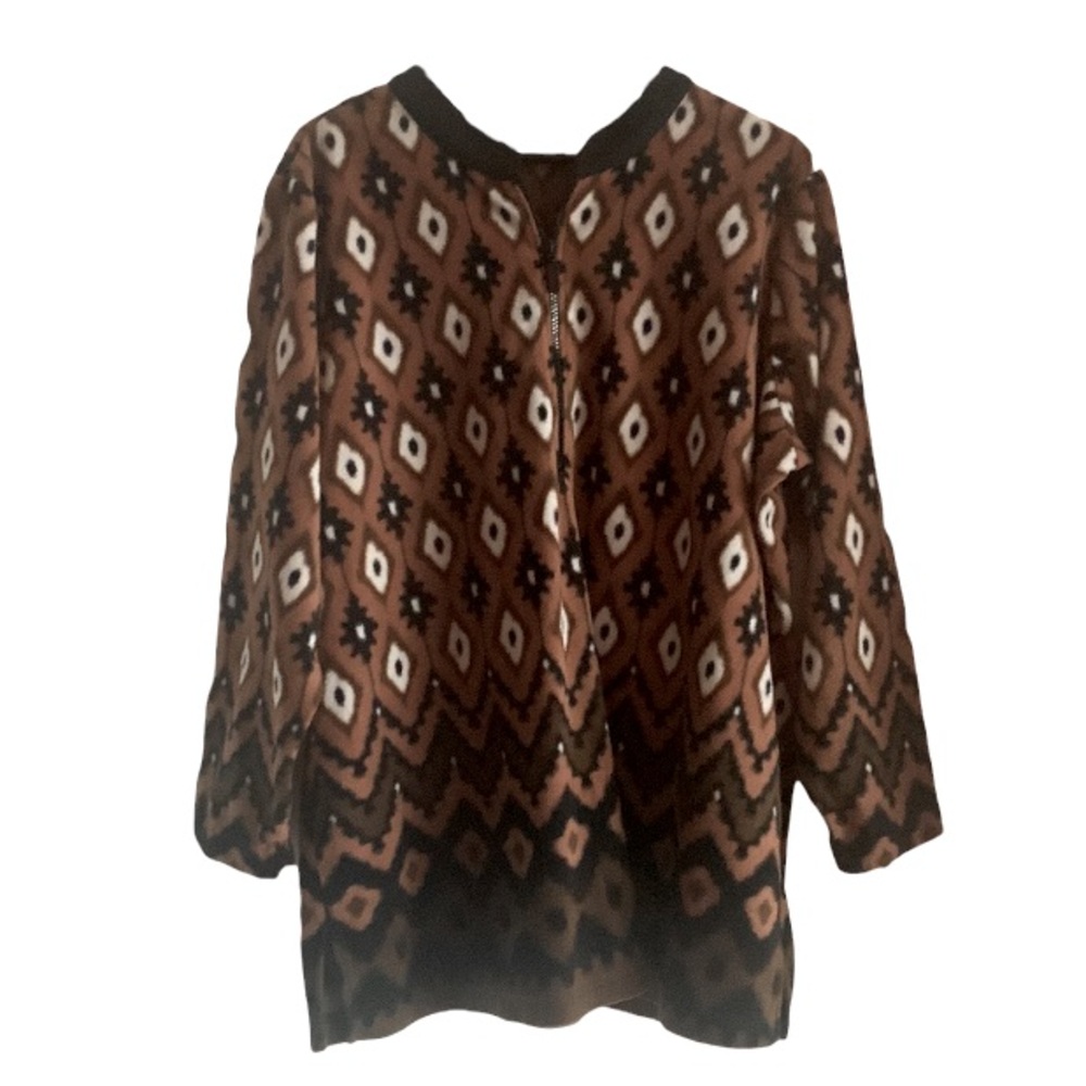 Bob Mackie Fleece Pullover Top Brown Black White 1X 1/2 Zip Aztec Tribal Print